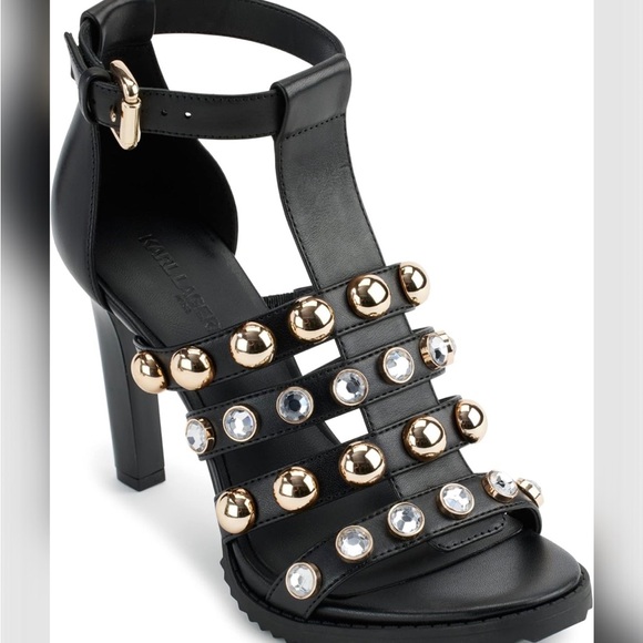 Karl Lagerfeld Shoes - Karl Lagerfeld Paris Brexton Black and Gold Studded Heels - Size 7